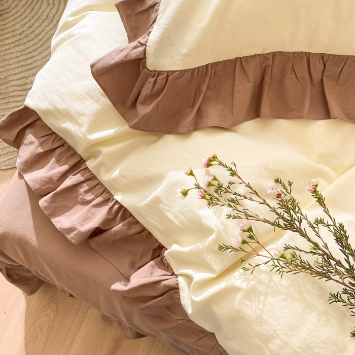 91家纺网 家纺一手货源 找家纺 时年家纺 2021新款水洗棉花边款四件套 可可蛋奶