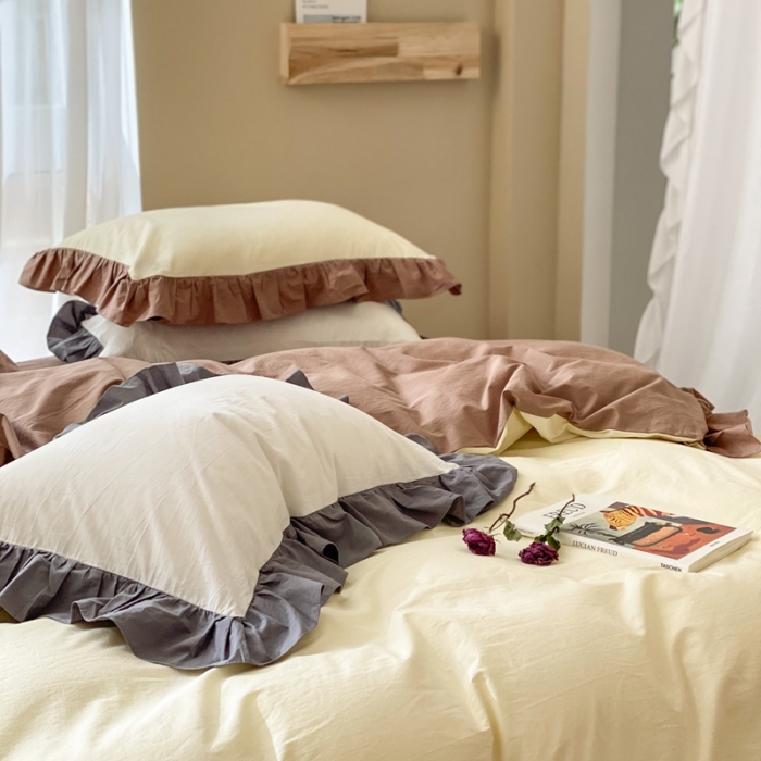 91家纺网 家纺一手货源 找家纺 时年家纺 2021新款水洗棉花边款四件套 可可蛋奶