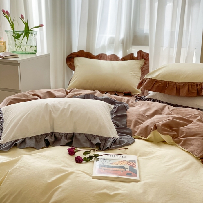 91家纺网 家纺一手货源 找家纺 时年家纺 2021新款水洗棉花边款四件套 可可蛋奶