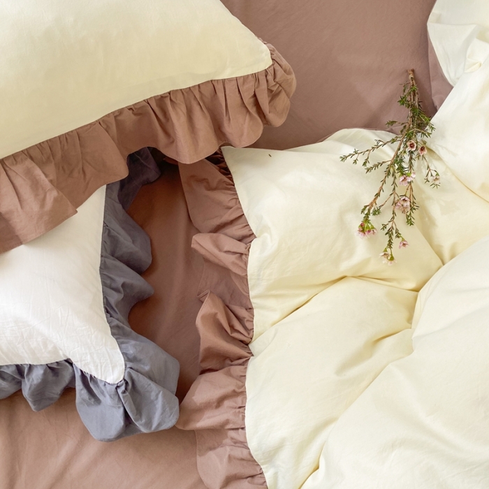 91家纺网 家纺一手货源 找家纺 时年家纺 2021新款水洗棉花边款四件套 可可蛋奶