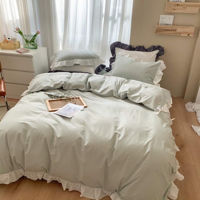 91家纺网 家纺一手货源 找家纺 时年家纺 2021新款水洗棉花边款四件套 雨后清风