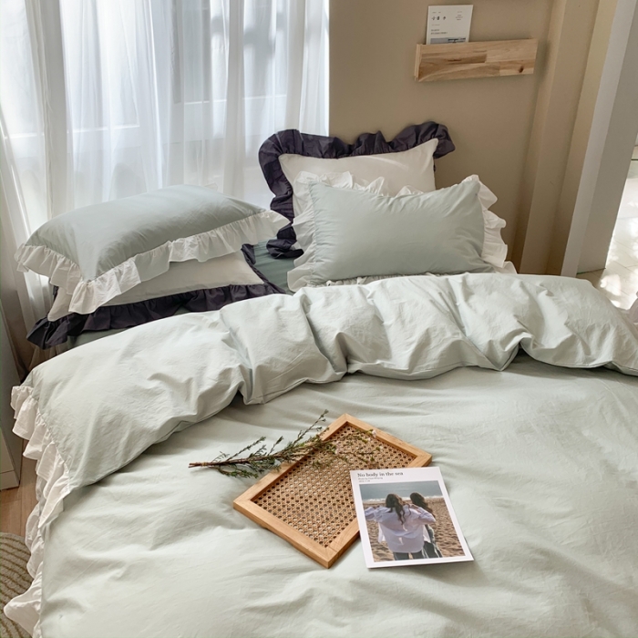 91家纺网 家纺一手货源 找家纺 时年家纺 2021新款水洗棉花边款四件套 雨后清风