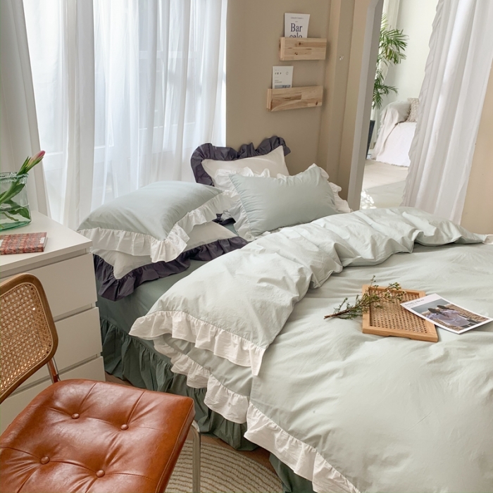 91家纺网 家纺一手货源 找家纺 时年家纺 2021新款水洗棉花边款四件套 雨后清风