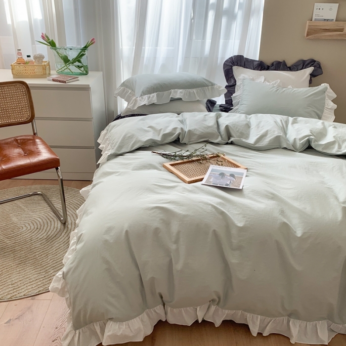 91家纺网 家纺一手货源 找家纺 时年家纺 2021新款水洗棉花边款四件套 雨后清风