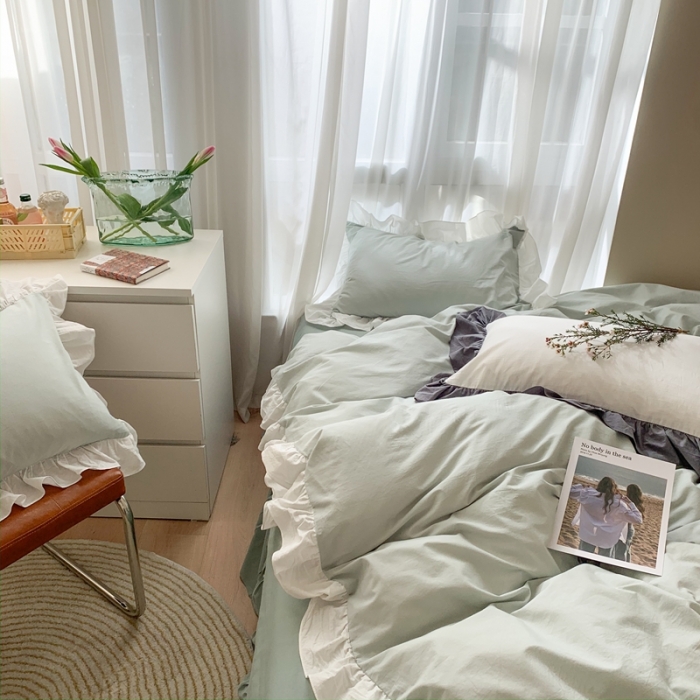 91家纺网 家纺一手货源 找家纺 时年家纺 2021新款水洗棉花边款四件套 雨后清风