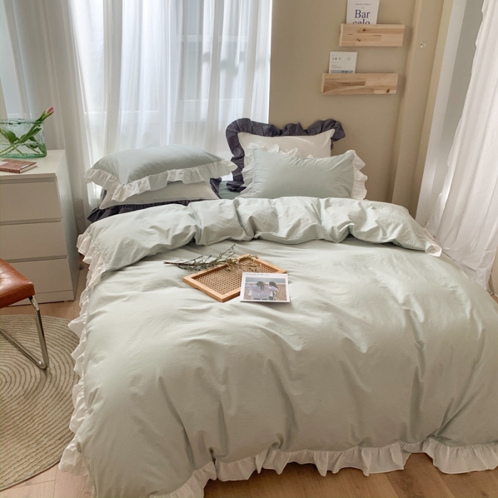 91家纺网 家纺一手货源 找家纺 时年家纺 2021新款水洗棉花边款四件套 雨后清风