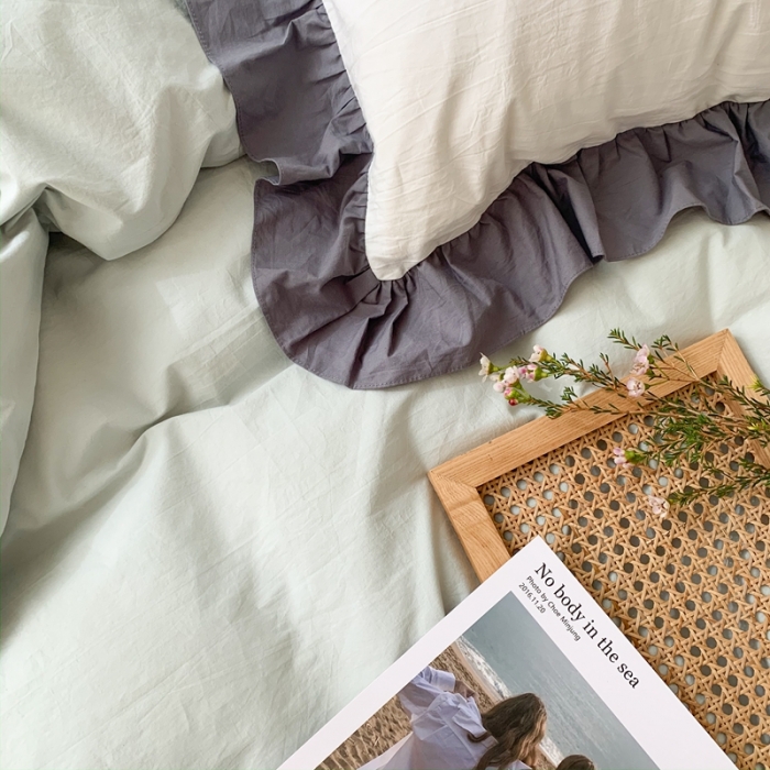 91家纺网 家纺一手货源 找家纺 时年家纺 2021新款水洗棉花边款四件套 雨后清风