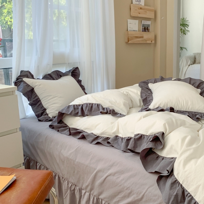 91家纺网 家纺一手货源 找家纺 时年家纺 2021新款水洗棉花边款四件套 月光银云