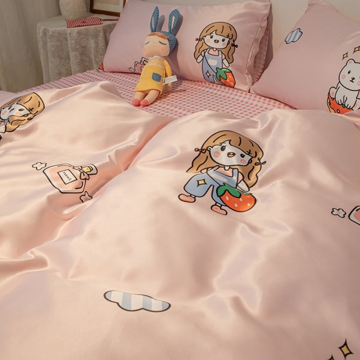 91家纺网 家纺一手货源 找家纺 琪格格纺织 2022新款水洗真丝印花四件套 兔子女孩