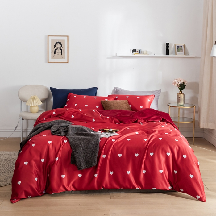 91家纺网 家纺一手货源 找家纺 琪格格纺织 2022新款水洗真丝印花四件套 爱恋红