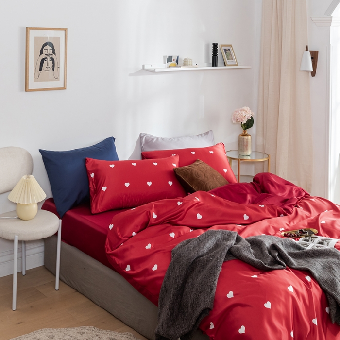 91家纺网 家纺一手货源 找家纺 琪格格纺织 2022新款水洗真丝印花四件套 爱恋红