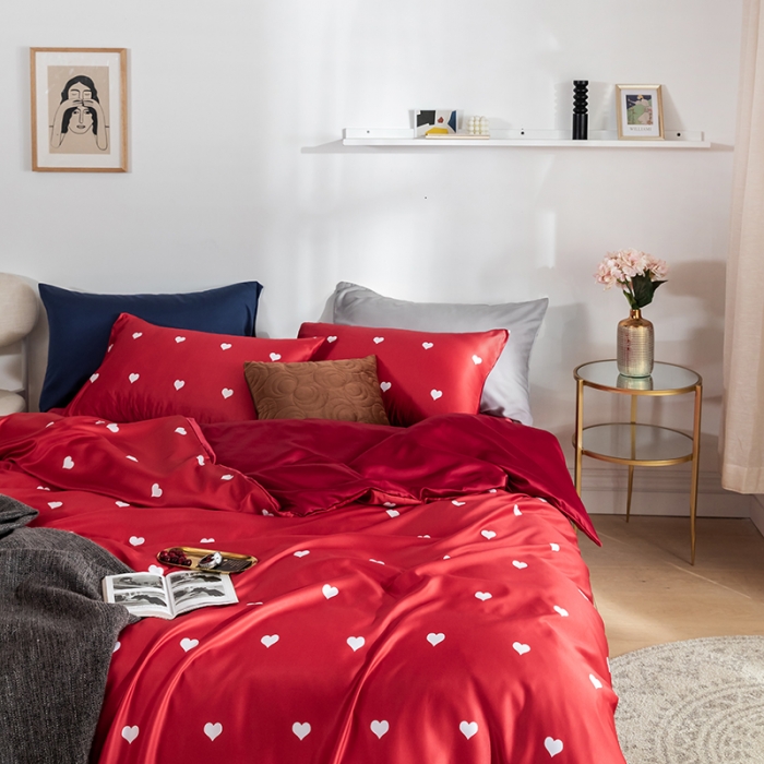 91家纺网 家纺一手货源 找家纺 琪格格纺织 2022新款水洗真丝印花四件套 爱恋红