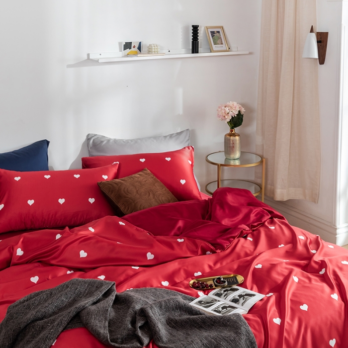 91家纺网 家纺一手货源 找家纺 琪格格纺织 2022新款水洗真丝印花四件套 爱恋红