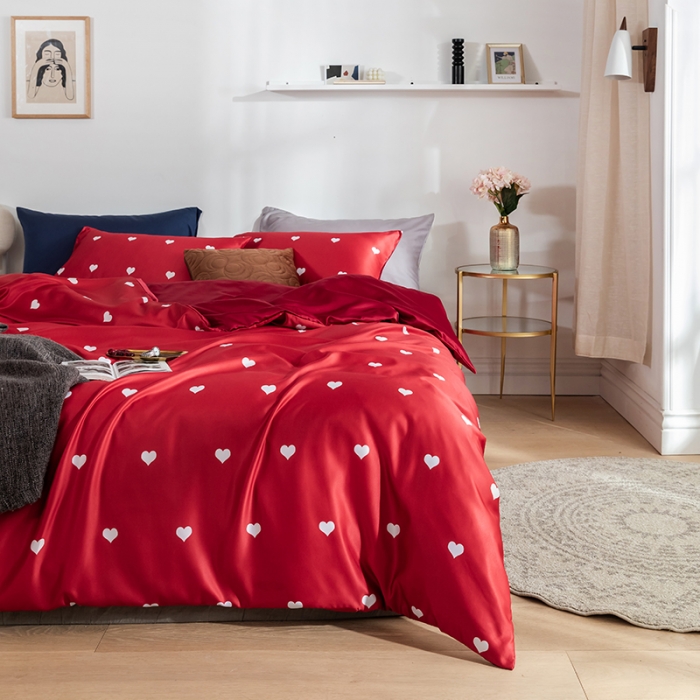 91家纺网 家纺一手货源 找家纺 琪格格纺织 2022新款水洗真丝印花四件套 爱恋红