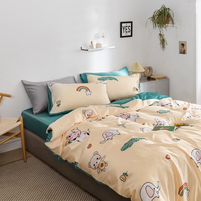 91家纺网 家纺一手货源 找家纺 琪格格纺织 2022新款水洗真丝印花四件套 奶牛先生