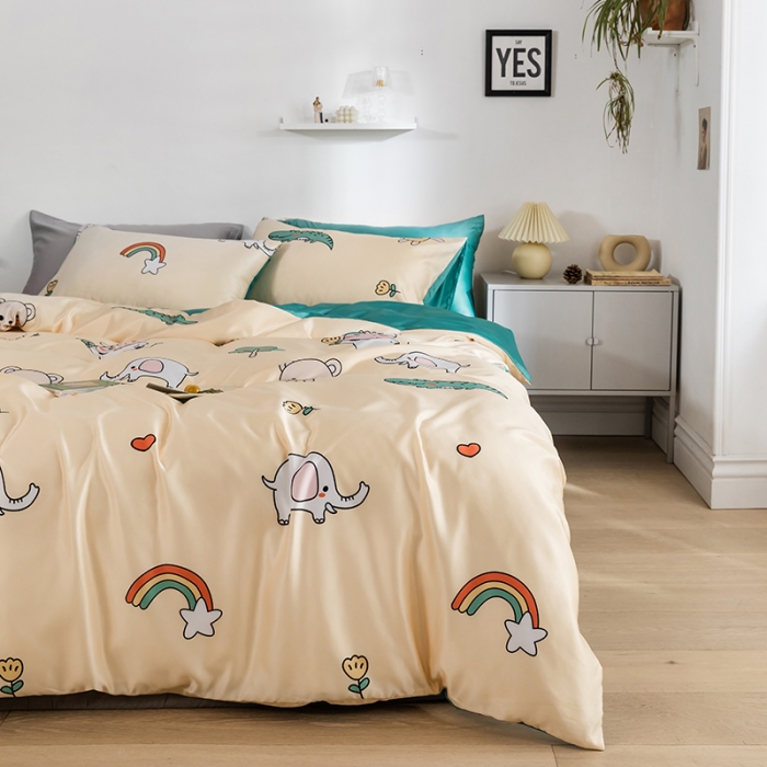 91家纺网 家纺一手货源 找家纺 琪格格纺织 2022新款水洗真丝印花四件套 奶牛先生