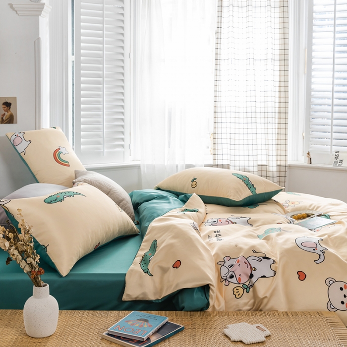 91家纺网 家纺一手货源 找家纺 琪格格纺织 2022新款水洗真丝印花四件套 奶牛先生