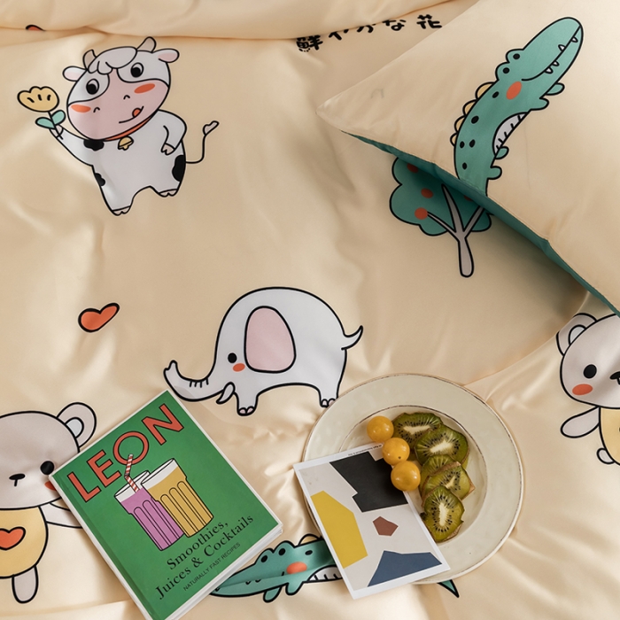 91家纺网 家纺一手货源 找家纺 琪格格纺织 2022新款水洗真丝印花四件套 奶牛先生