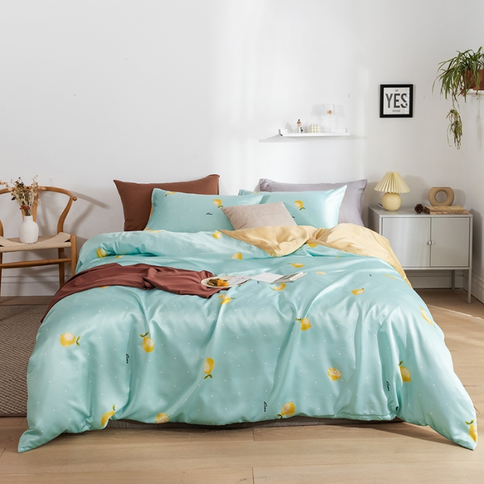 91家纺网 家纺一手货源 找家纺 琪格格纺织 2022新款水洗真丝印花四件套 一抹柠檬