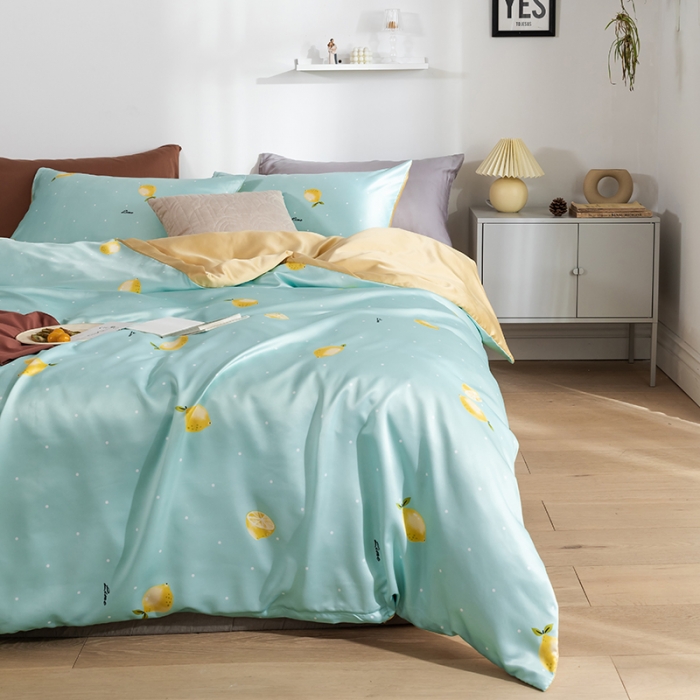 91家纺网 家纺一手货源 找家纺 琪格格纺织 2022新款水洗真丝印花四件套 一抹柠檬