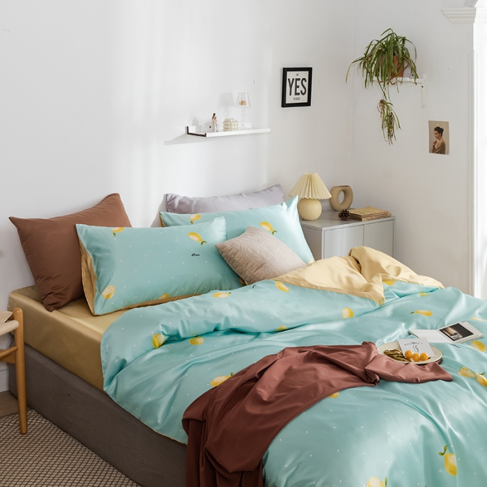 91家纺网 家纺一手货源 找家纺 琪格格纺织 2022新款水洗真丝印花四件套 一抹柠檬