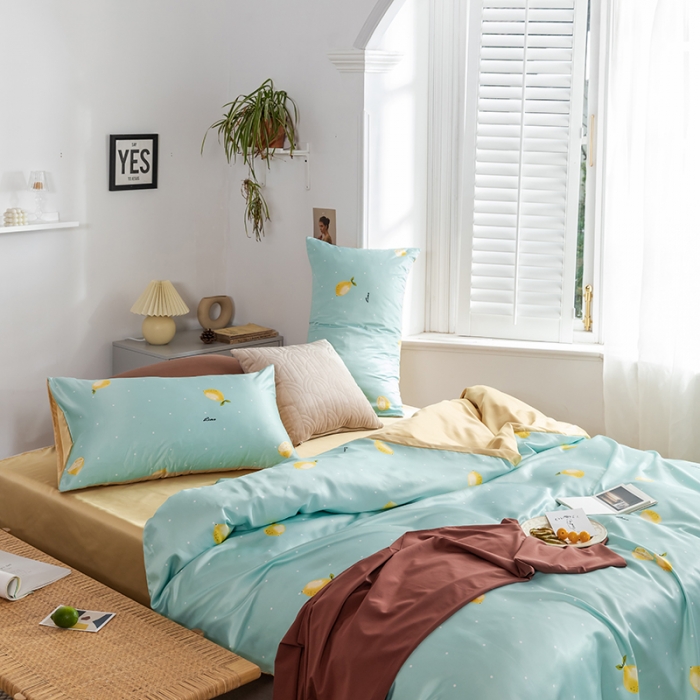 91家纺网 家纺一手货源 找家纺 琪格格纺织 2022新款水洗真丝印花四件套 一抹柠檬