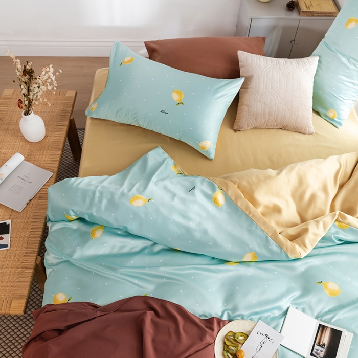 91家纺网 家纺一手货源 找家纺 琪格格纺织 2022新款水洗真丝印花四件套 一抹柠檬