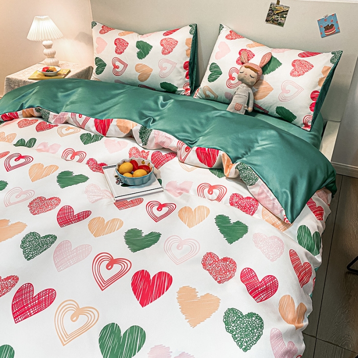 91家纺网 家纺一手货源 找家纺 琪格格纺织 2022新款水洗真丝印花四件套 手绘爱心