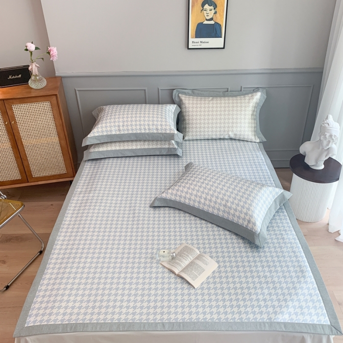 91家纺网 家纺一手货源 找家纺 时年家纺 2021新款千鸟格和肌理纹水洗冰露丝养生凉席 千鸟格-海蓝