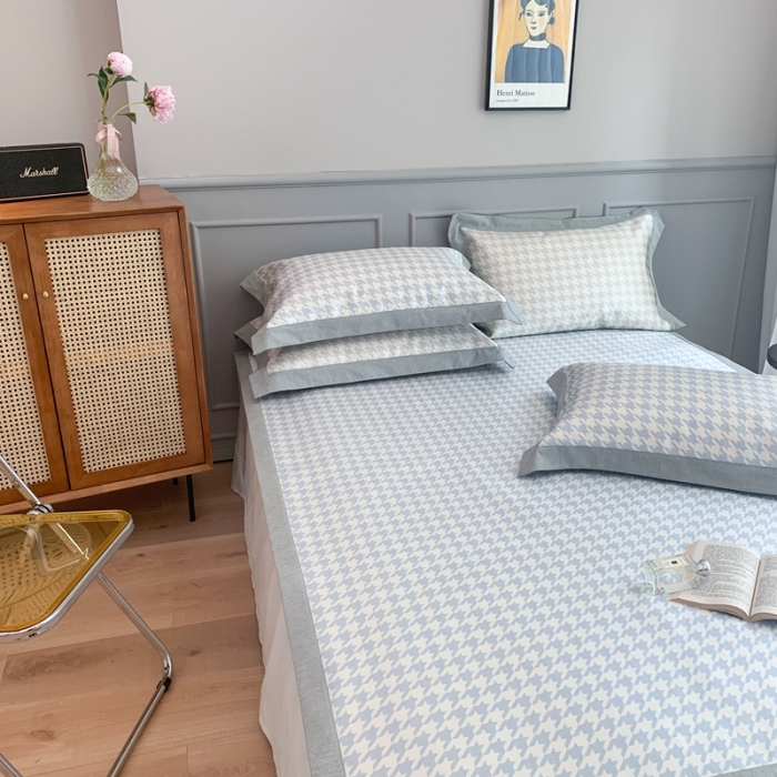 91家纺网 家纺一手货源 找家纺 时年家纺 2021新款千鸟格和肌理纹水洗冰露丝养生凉席 千鸟格-海蓝