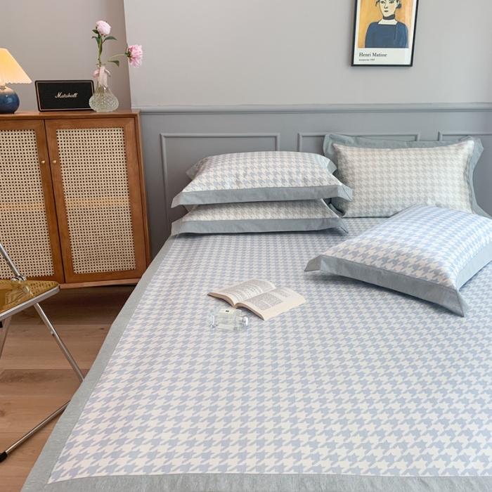 91家纺网 家纺一手货源 找家纺 时年家纺 2021新款千鸟格和肌理纹水洗冰露丝养生凉席 千鸟格-海蓝