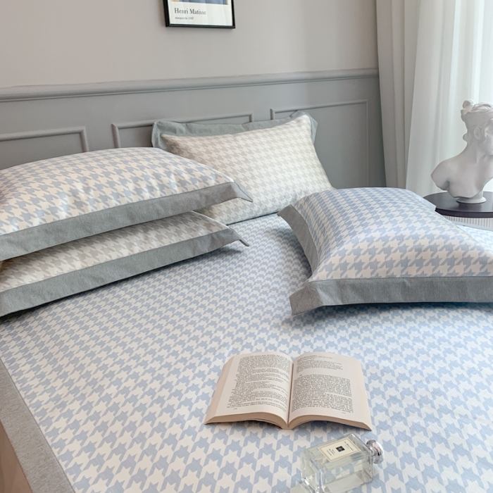 91家纺网 家纺一手货源 找家纺 时年家纺 2021新款千鸟格和肌理纹水洗冰露丝养生凉席 千鸟格-海蓝