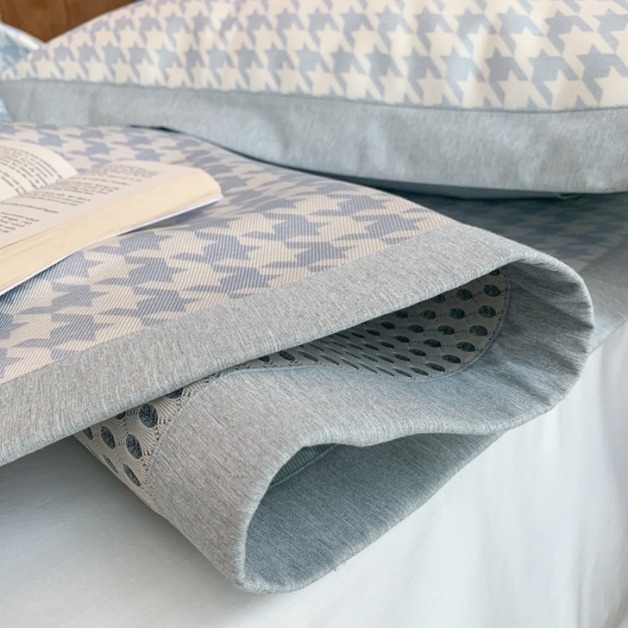 91家纺网 家纺一手货源 找家纺 时年家纺 2021新款千鸟格和肌理纹水洗冰露丝养生凉席 千鸟格-海蓝