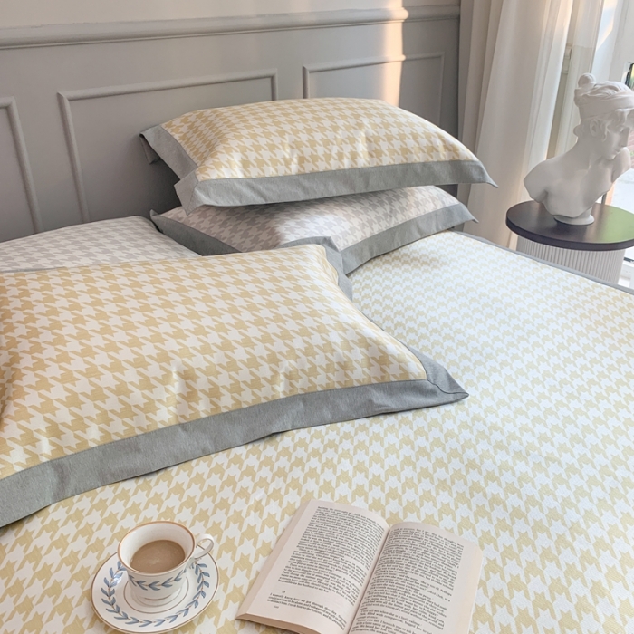 91家纺网 家纺一手货源 找家纺 时年家纺 2021新款千鸟格和肌理纹水洗冰露丝养生凉席 千鸟格-柠檬