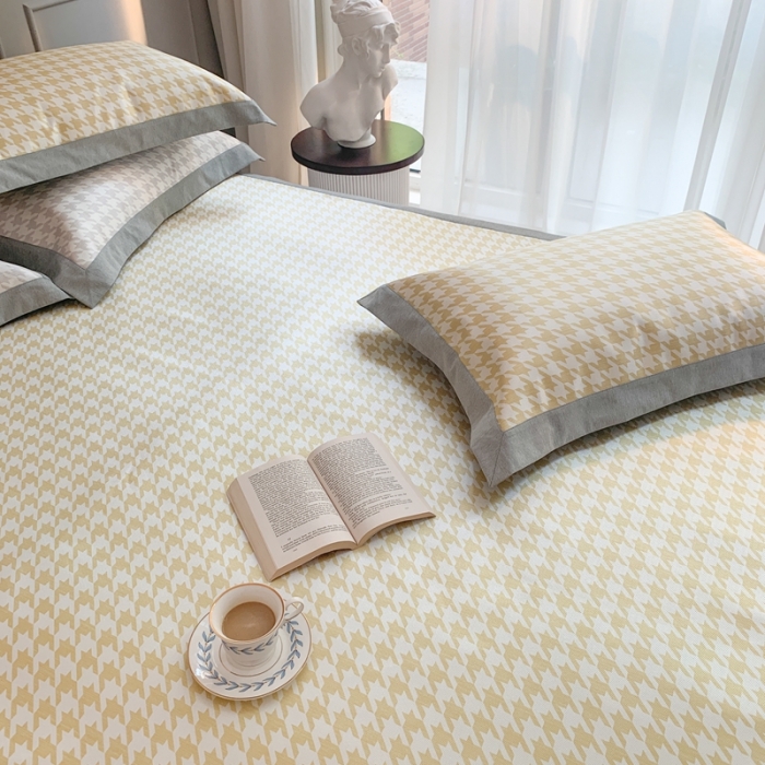 91家纺网 家纺一手货源 找家纺 时年家纺 2021新款千鸟格和肌理纹水洗冰露丝养生凉席 千鸟格-柠檬