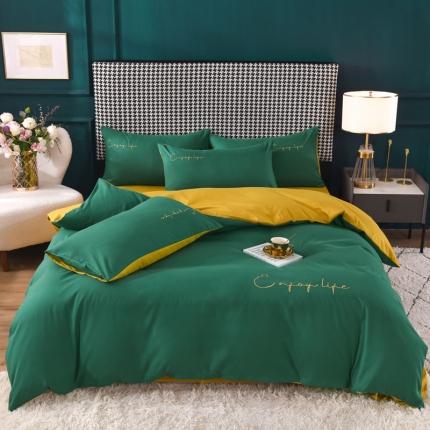 91家纺网 家纺一手货源 找家纺 大米家居2023新款轻奢刺绣水洗棉四件套 星耀系列森绿+嫩黄