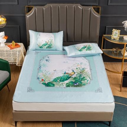 91家纺网 家纺一手货源 找家纺 凌鼎 2025新款数码印花凉席冰丝席三件套 孔雀园