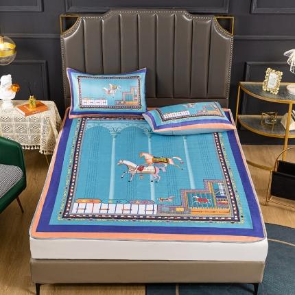 91家纺网 家纺一手货源 找家纺 凌鼎 2025新款数码印花凉席冰丝席三件套 骑士精神蓝