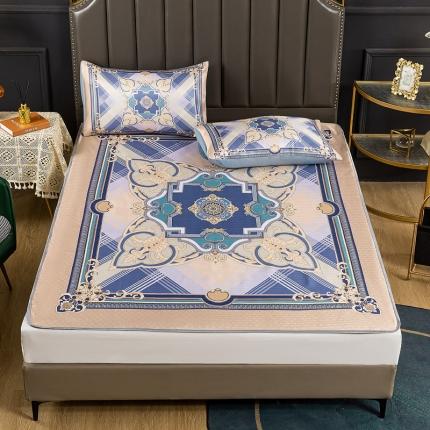 91家纺网 家纺一手货源 找家纺 凌鼎 2025新款数码印花凉席冰丝席三件套 绽放-蓝