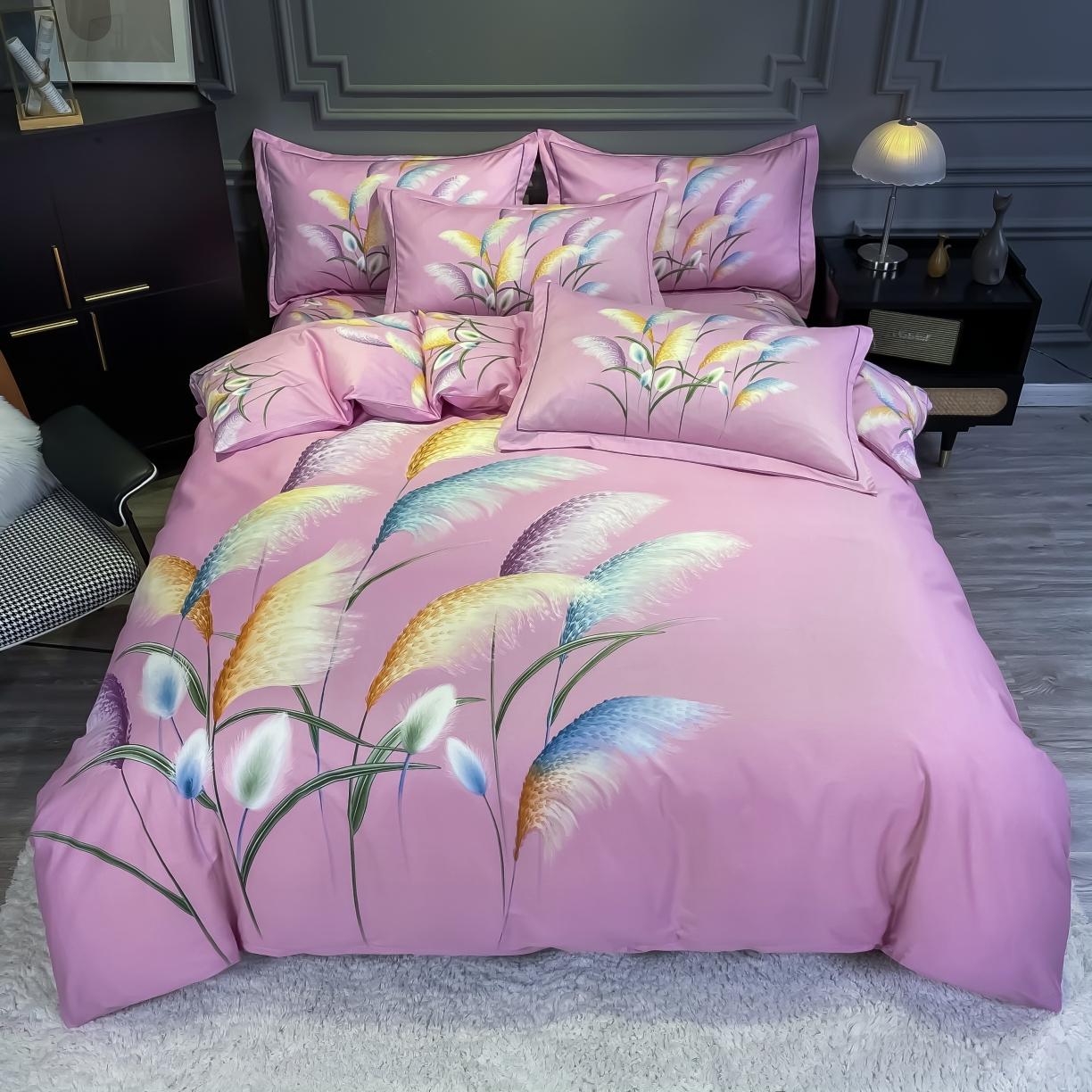 91家纺网 家纺一手货源 找家纺 金爱家 2021新款全棉活性花卉系列四件套 穗禾粉