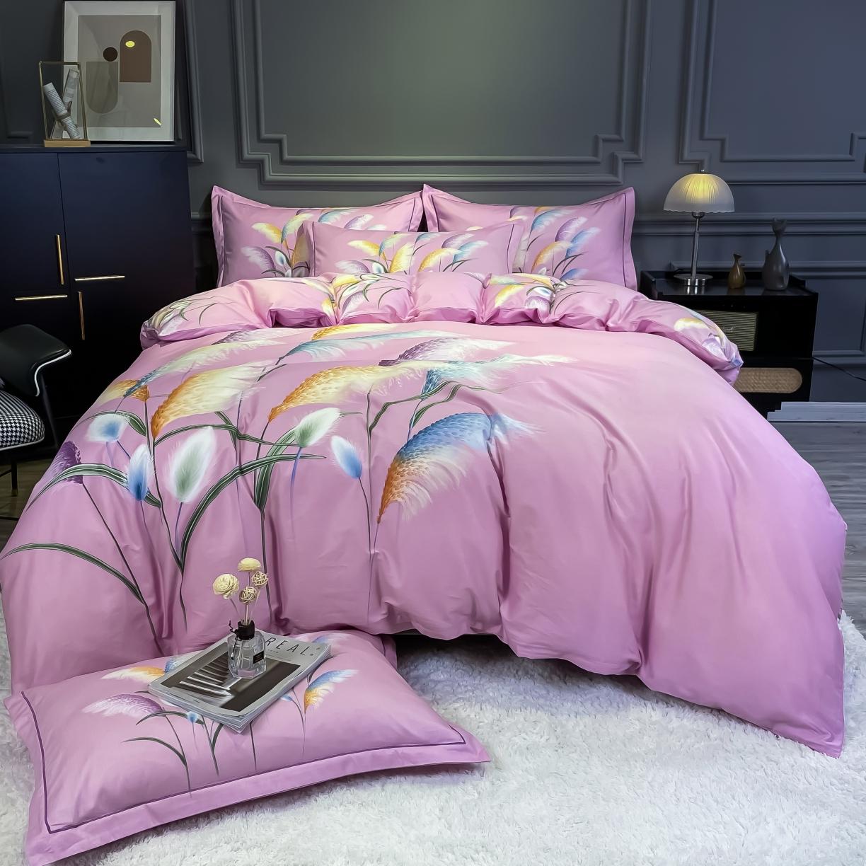 91家纺网 家纺一手货源 找家纺 金爱家 2021新款全棉活性花卉系列四件套 穗禾粉