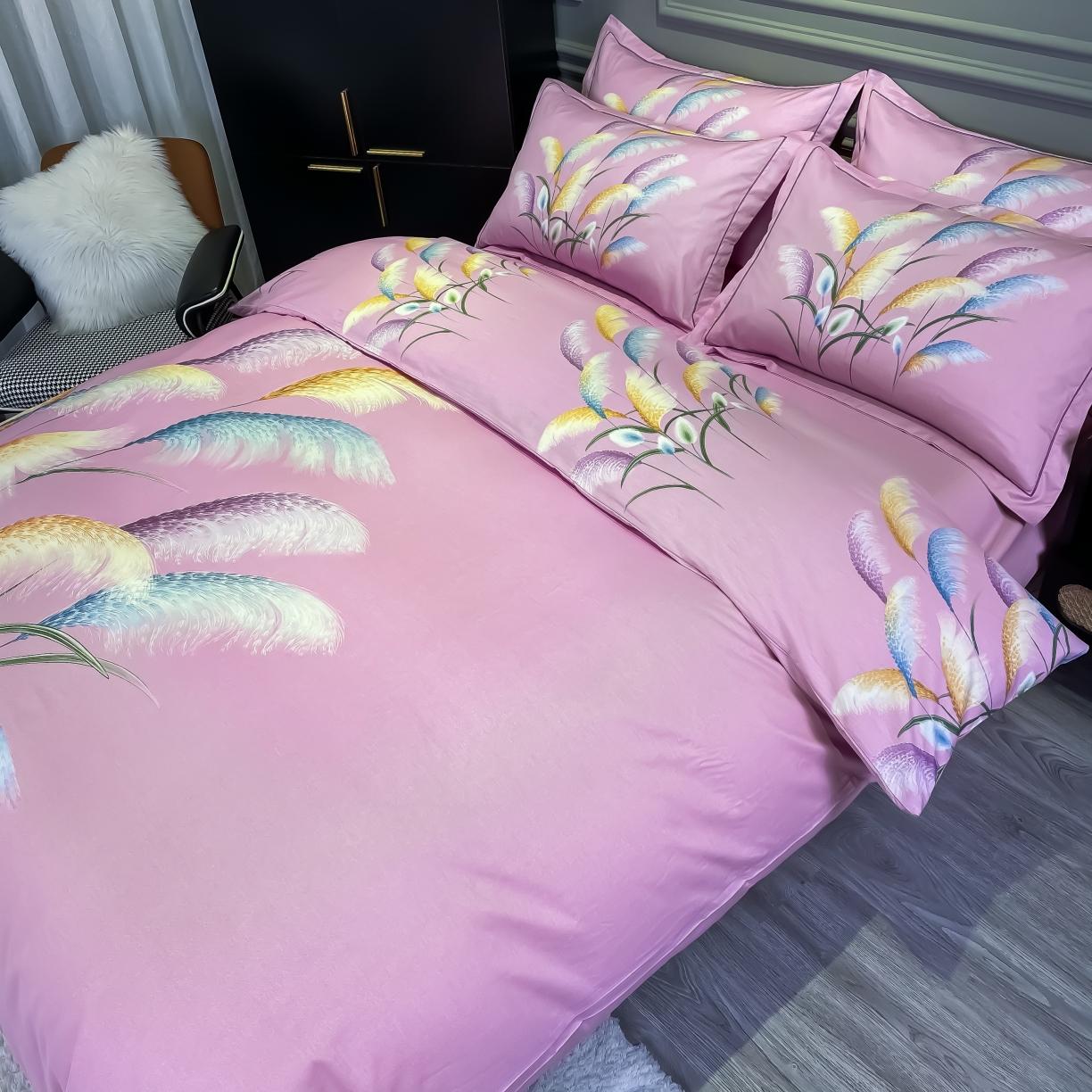 91家纺网 家纺一手货源 找家纺 金爱家 2021新款全棉活性花卉系列四件套 穗禾粉