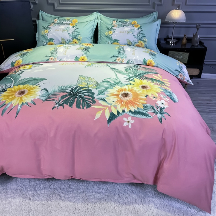 91家纺网 家纺一手货源 找家纺 金爱家 2021新款全棉活性花卉系列四件套 夏威夷之恋-粉