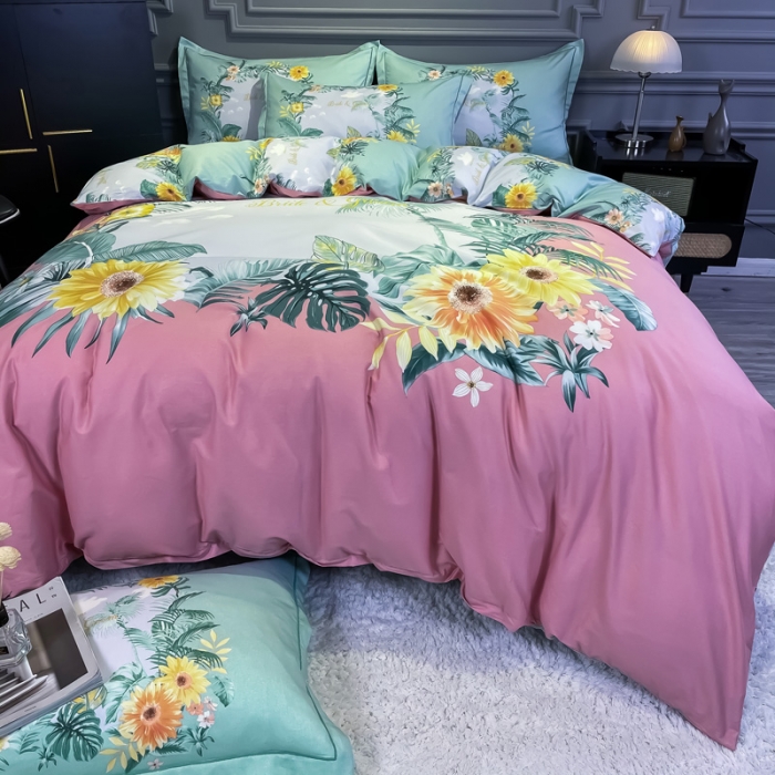 91家纺网 家纺一手货源 找家纺 金爱家 2021新款全棉活性花卉系列四件套 夏威夷之恋-粉