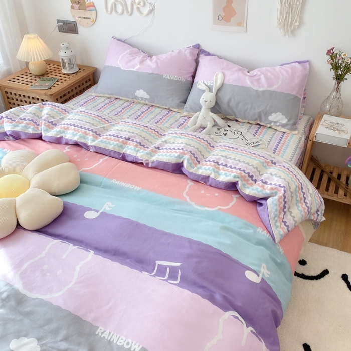 91家纺网 家纺一手货源 找家纺 2022年新款卡通系列全棉印花四件套实拍图直播爆款 彩虹熊