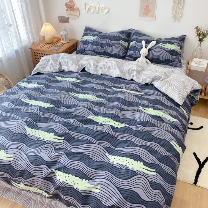 91家纺网 家纺一手货源 找家纺 2022年新款卡通系列全棉印花四件套实拍图直播爆款 鳄鱼先森