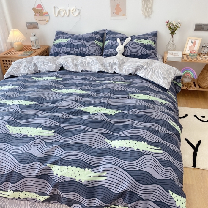 91家纺网 家纺一手货源 找家纺 2022年新款卡通系列全棉印花四件套实拍图直播爆款 鳄鱼先森