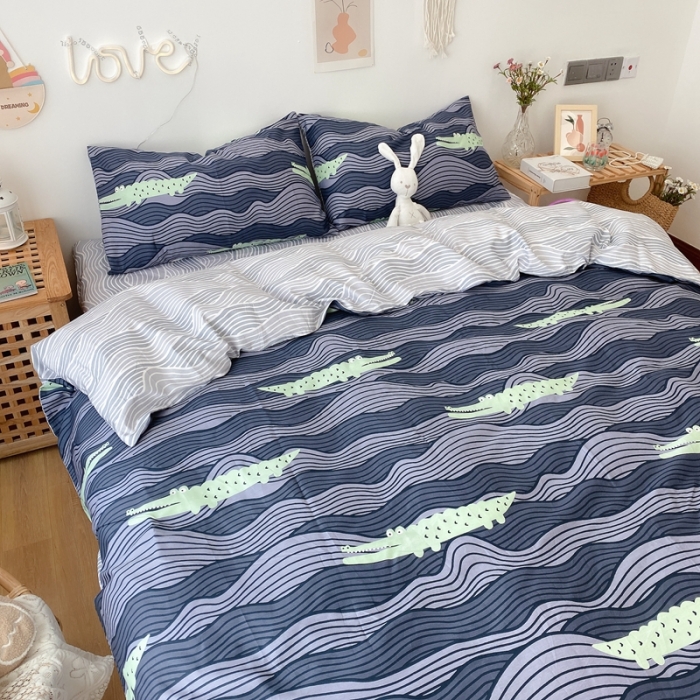 91家纺网 家纺一手货源 找家纺 2022年新款卡通系列全棉印花四件套实拍图直播爆款 鳄鱼先森