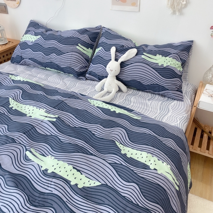 91家纺网 家纺一手货源 找家纺 2022年新款卡通系列全棉印花四件套实拍图直播爆款 鳄鱼先森