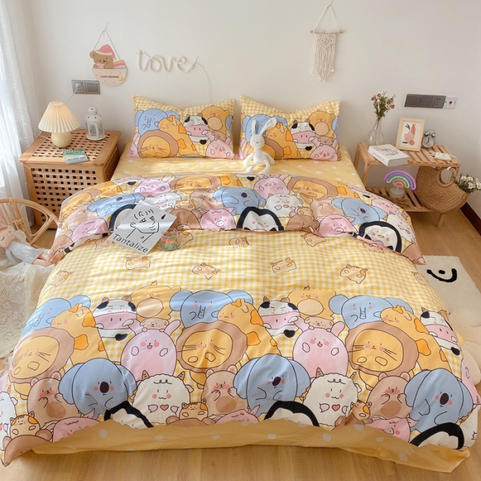 91家纺网 家纺一手货源 找家纺 2022年新款卡通系列全棉印花四件套实拍图直播爆款 欢乐牧场